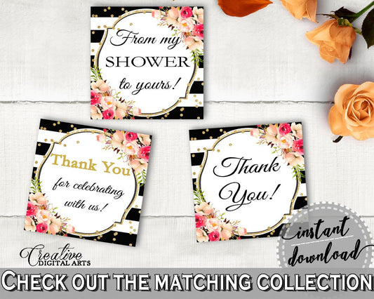 Black And Gold Flower Bouquet Black Stripes Bridal Shower Theme: Thank You Tags Square - thank-you tags, classy bride, party décor - QMK20 - Digital Product