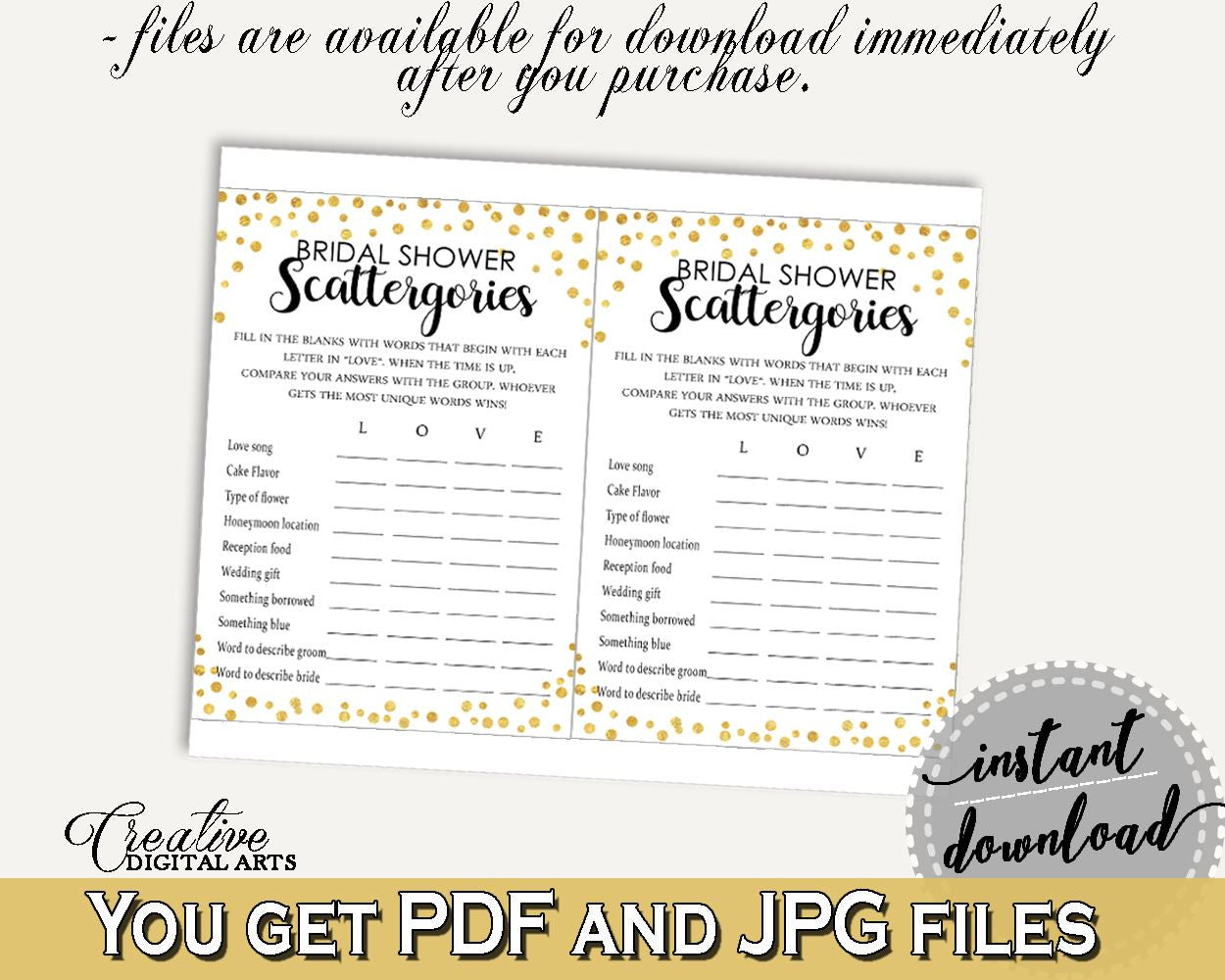 Scattergories Bridal Shower Scattergories Confetti Bridal Shower Scattergories Bridal Shower Confetti Scattergories Gold White digital CZXE5 - Digital Product