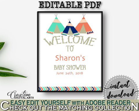 Welcome Sign Baby Shower Welcome Sign Tribal Teepee Baby Shower Welcome Sign Baby Shower Tribal Teepee Welcome Sign Green Navy - KS6AW - Digital Product