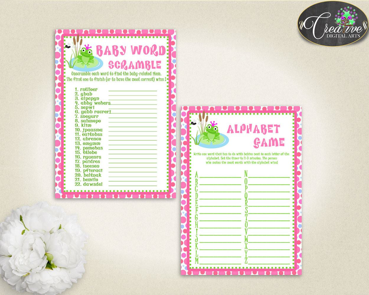 Frog Baby Shower Games, girl baby shower games, baby shower games printable, pink dots games, jpg pdf, digital, Instant Download - bsf01 - Digital Product