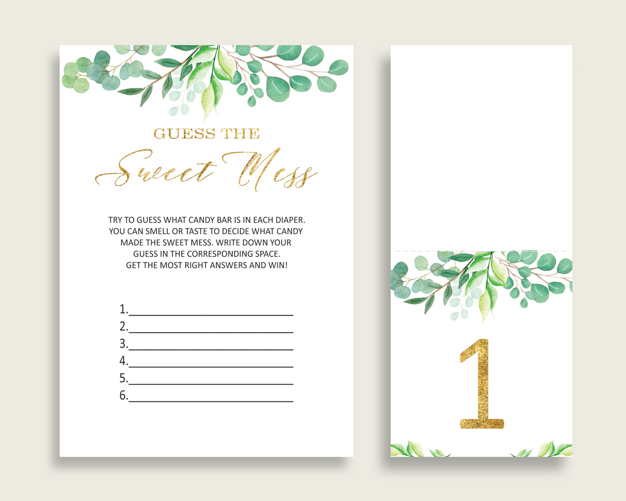 Greenery Guessing Game Baby Shower Gender Neutral, Green Gold Guess The Sweet Mess Game Printable, Dirty Diaper Game, Instant Y8X33