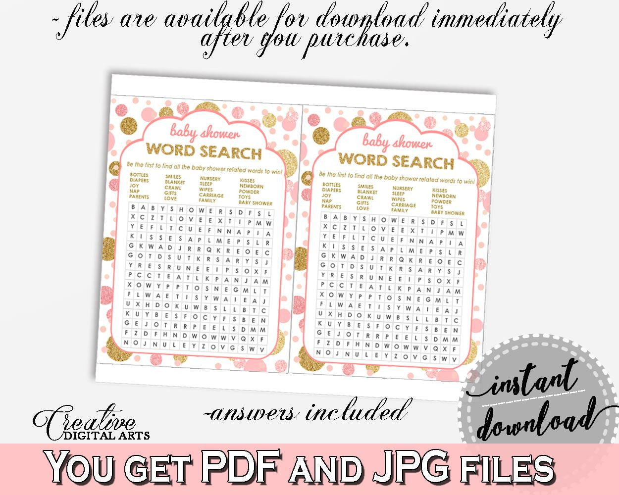 Pink Gold Word Search, Baby Shower Word Search, Dots Baby Shower Word Search, Baby Shower Dots Word Search printable files - RUK83 - Digital Product