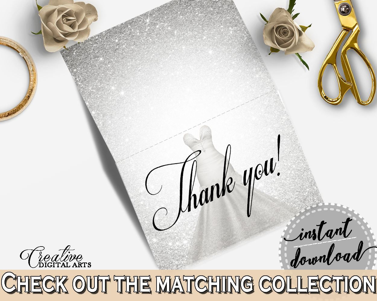 Thank You Card in Silver Wedding Dress Bridal Shower Silver And White Theme, tented card, bridal traditional, party plan, prints - C0CS5 - Digital Product