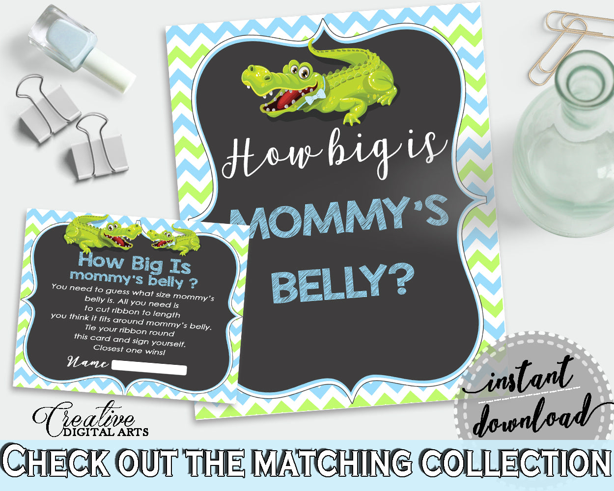 HOW BIG IS MOMMY'S BELLY baby shower game with green alligator and blue color theme, instant download - ap002