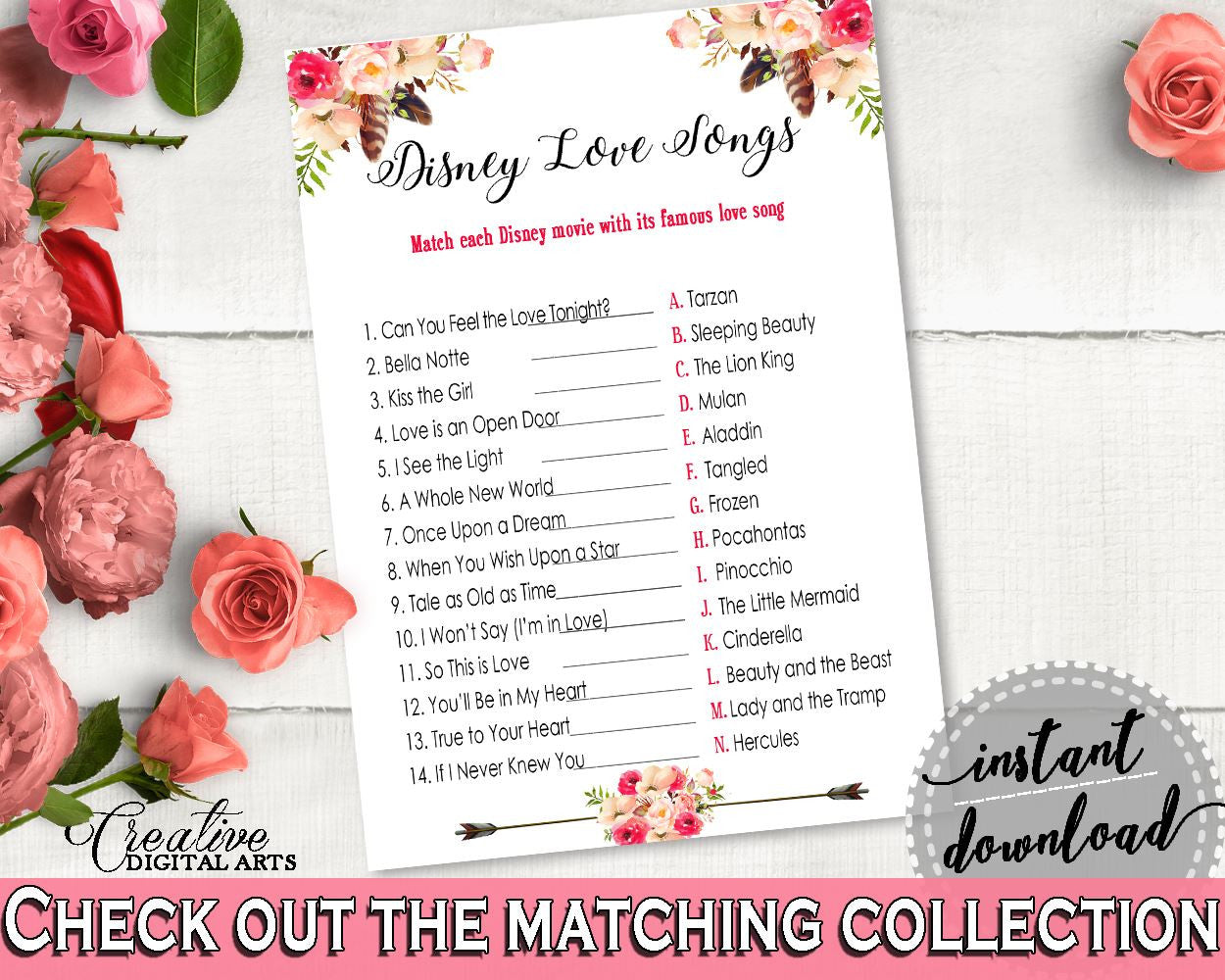 Pink And Red Bohemian Flowers Bridal Shower Theme: Disney Love Songs Game - bridal quiz, beautiful bridal, party plan, party stuff - 06D7T - Digital Product