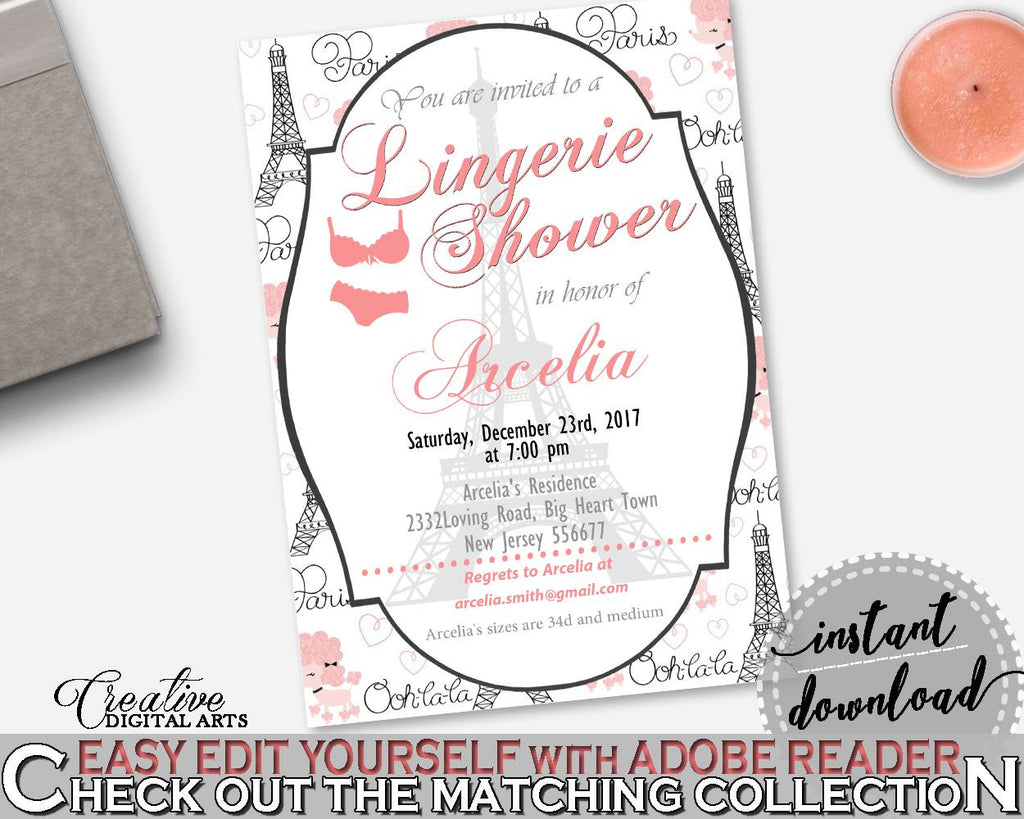 Paris Bridal Shower Lingerie Shower Invitation Editable in Pink And Gray, underwear invite, pariz bridal shower, party organization - NJAL9 - Digital Product
