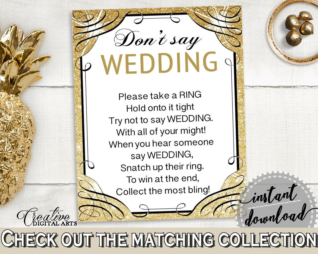 Glittering Gold Bridal Shower Don't Say Wedding Game in Gold And Yellow, ring game, pretty theme, party planning, party stuff - JTD7P - Digital Product