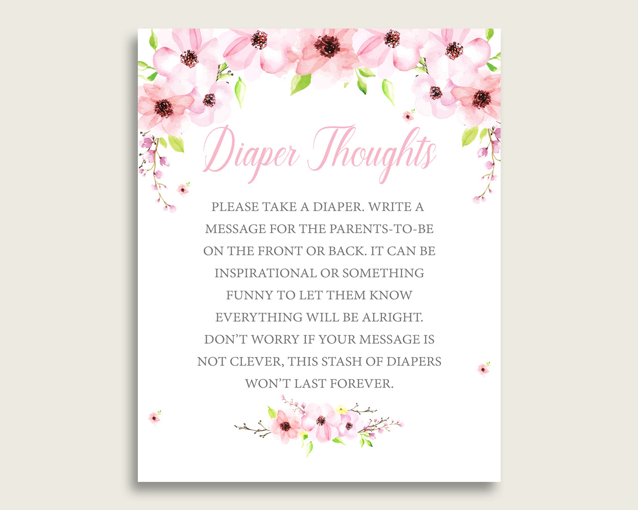 Flower Blush Baby Shower Diaper Thoughts Printable, Girl Pink Green Late Night Diaper Sign, Words For Wee Hours, Write On Diaper VH1KL