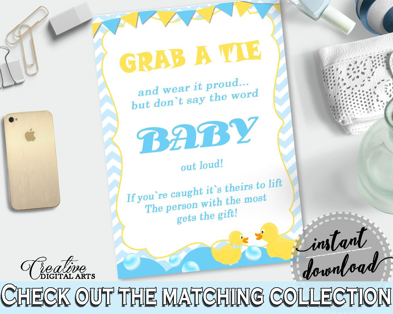 Grab A Tie, Rubber Duck Blue Baby Shower Boy Theme in Blue And Mint, bowtie game, baby shower purple, prints, digital print - rd002 - Digital Product