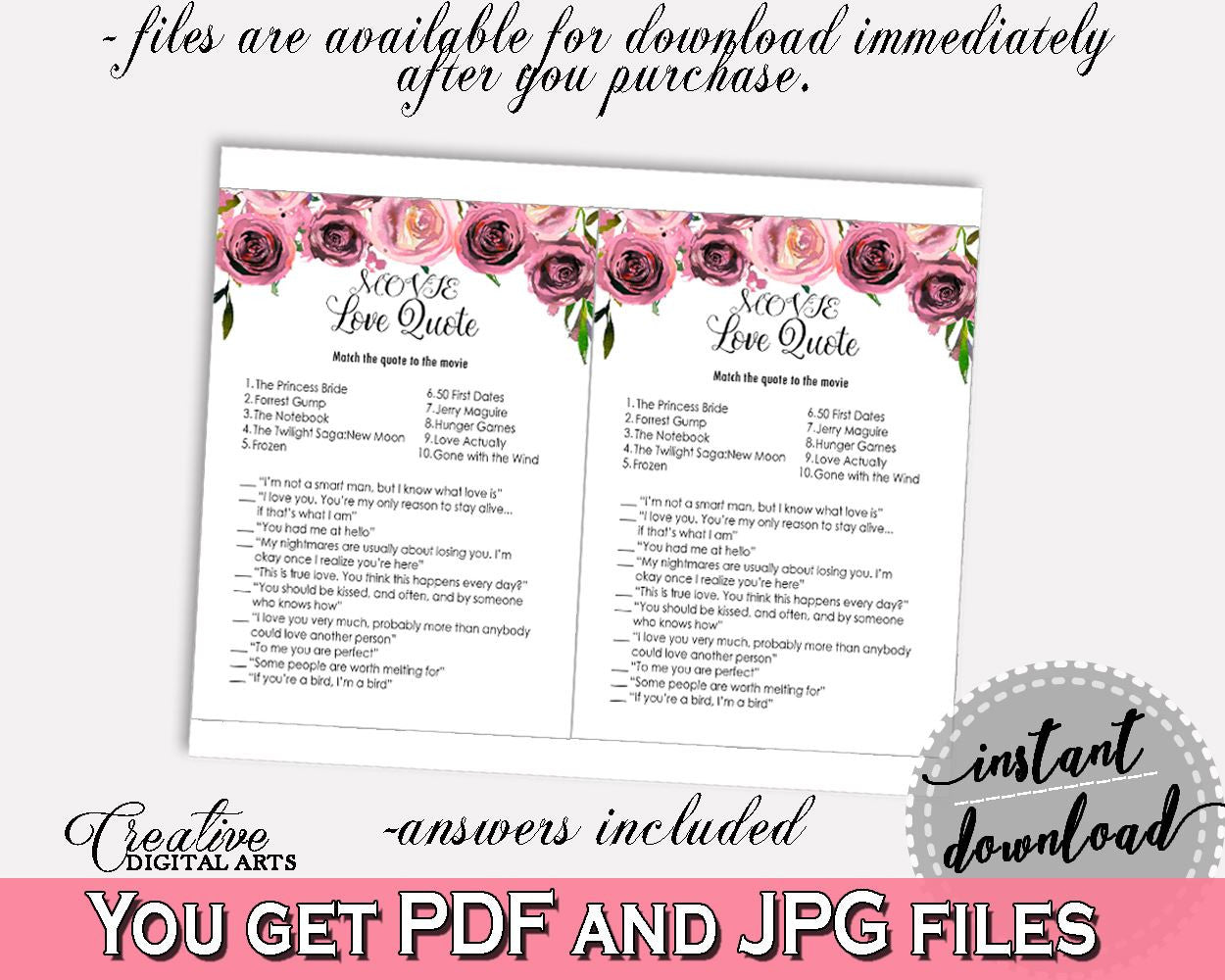 Movie Love Quotes Bridal Shower Movie Love Quotes Floral Bridal Shower Movie Love Quotes Bridal Shower Floral Movie Love Quotes Pink BQ24C - Digital Product