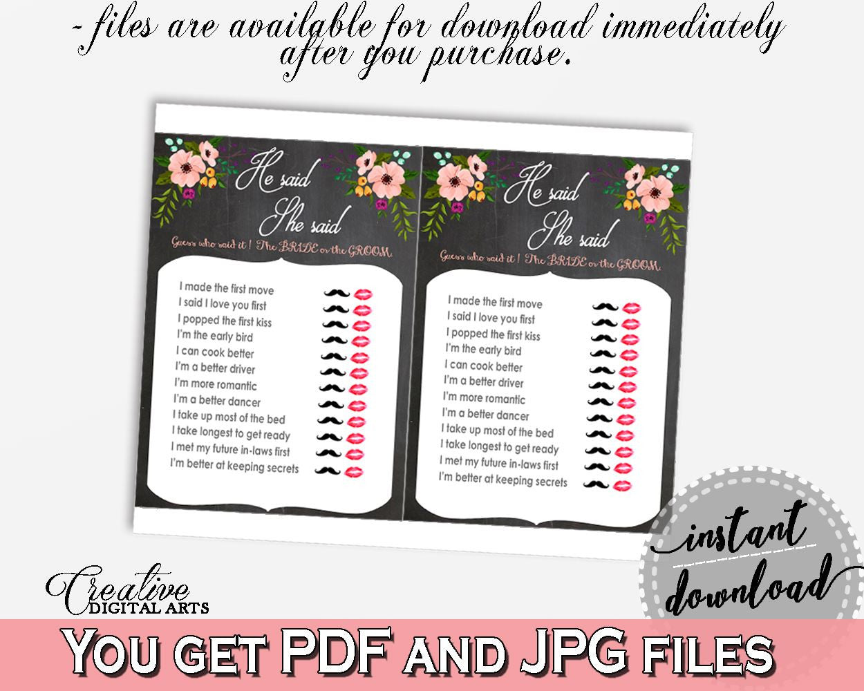 He Said She Said Game in Chalkboard Flowers Bridal Shower Black And Pink Theme, guess who, bridal shower chalk, paper supplies - RBZRX - Digital Product