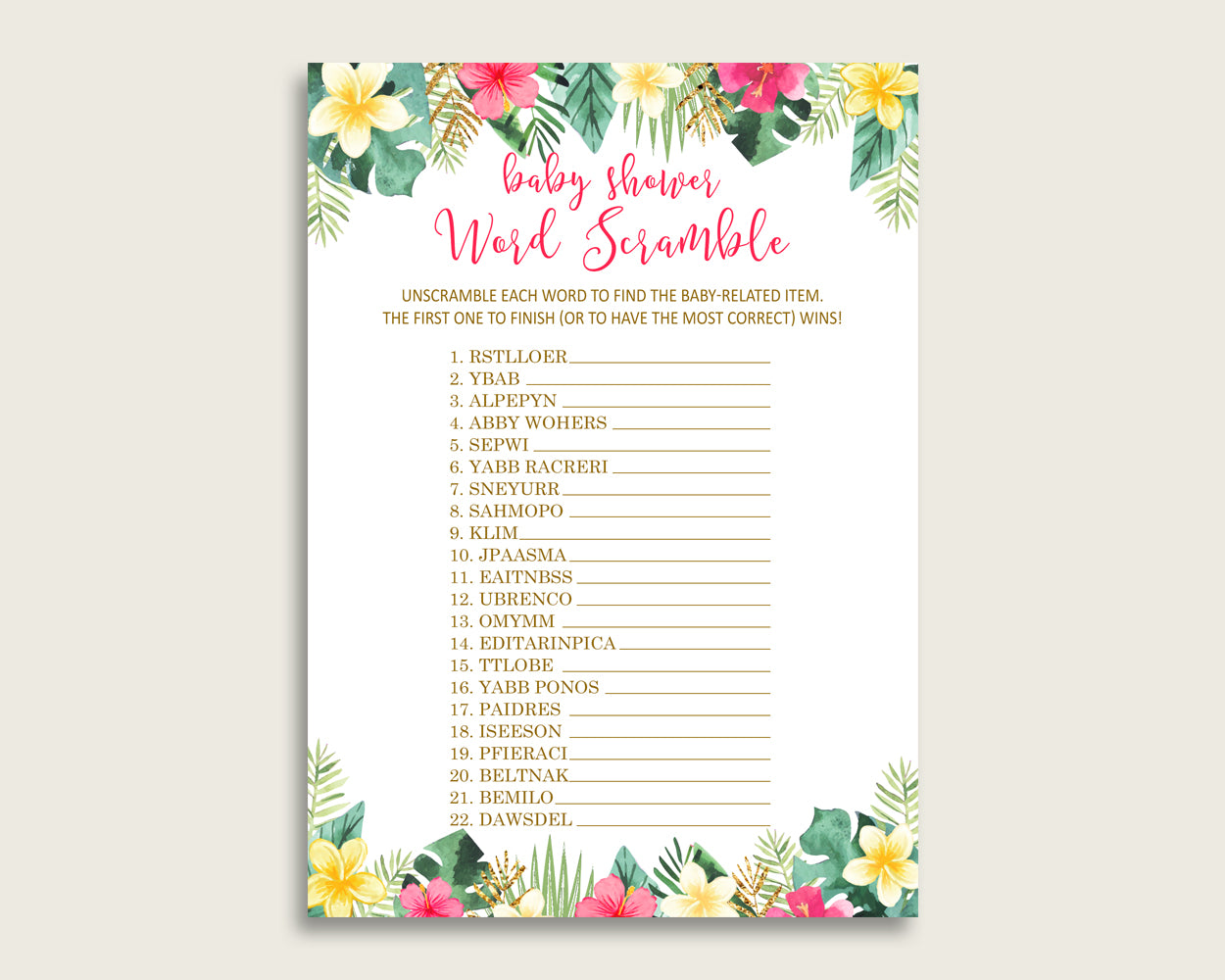 Girl Baby Shower Word Scramble Game Printable, Cute Hawaiian Pink Green Word Scramble, Funny Activity, Instant Download, Palm Leaves 955MG