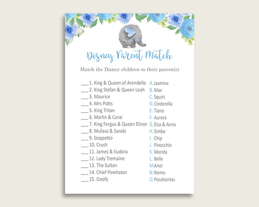 Elephant Blue Disney Parent Match Game, Boy Baby Shower Game, Blue Gray Match The Disney Parents Printable, Instant Download, Mammoth, ebl01