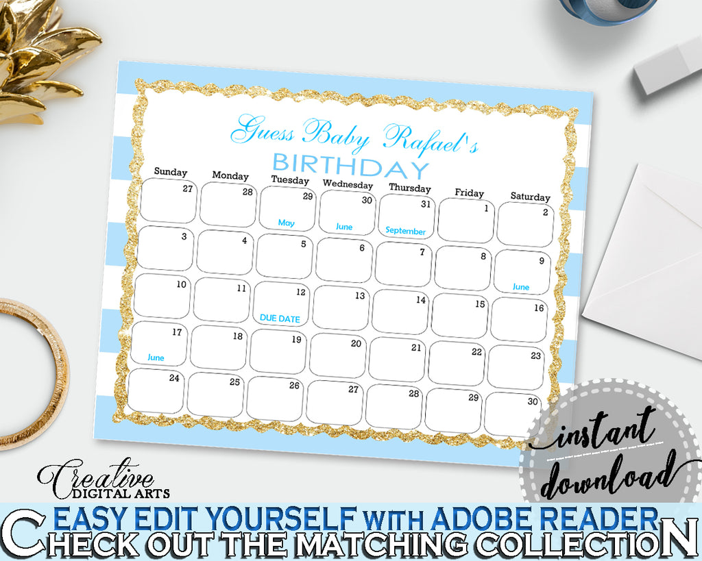 Baby Shower editable printable BIRTHDAY PREDICTION due date calendar with blue and white stripes, gold glitter, instant download - bs002