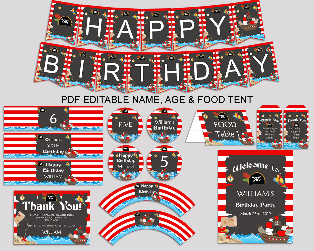 Birthday Pirate Party Decor Pirate Editable Package Red Black Birthday Decoration Pirate Birthday Kit Boy INGIO