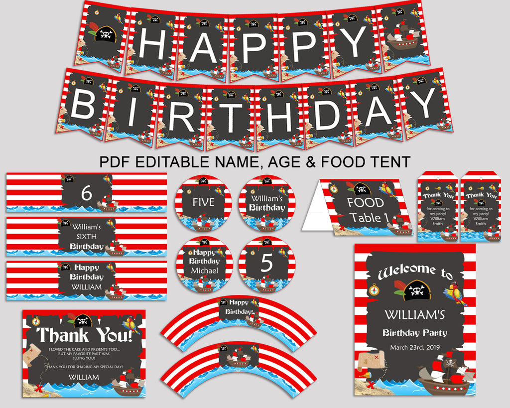 Birthday Pirate Party Decor Pirate Editable Package Red Black