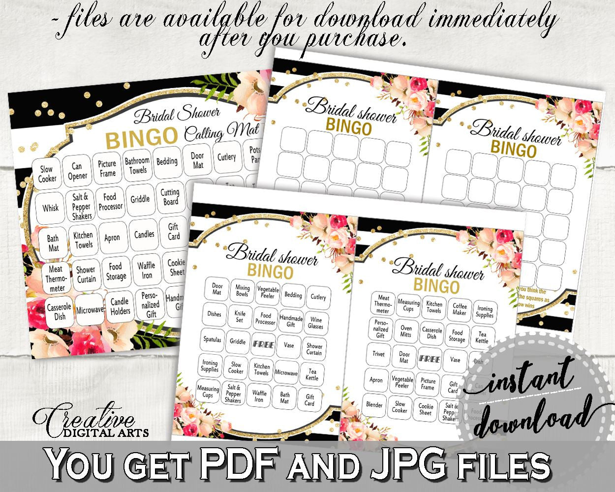 Flower Bouquet Black Stripes Bridal Shower Bingo 60 Cards in Black And Gold, pre-filled cards, classy bride, party ideas, prints - QMK20 - Digital Product