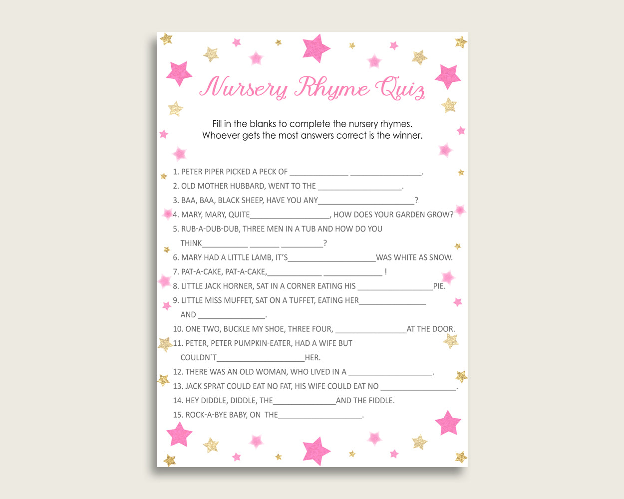 Twinkle Star Nursery Rhyme Quiz Printable, Pink Gold Nursery Rhyme Game, Pink Gold Baby Shower Girl Activities, Instant Download, bsg01