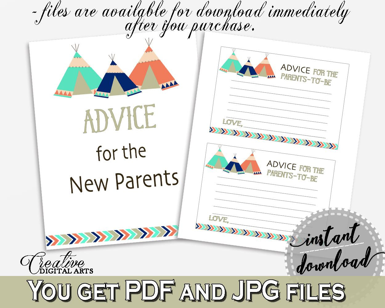 Advice Cards Baby Shower Advice Cards Tribal Teepee Baby Shower Advice Cards Baby Shower Tribal Teepee Advice Cards Green Navy - KS6AW - Digital Product