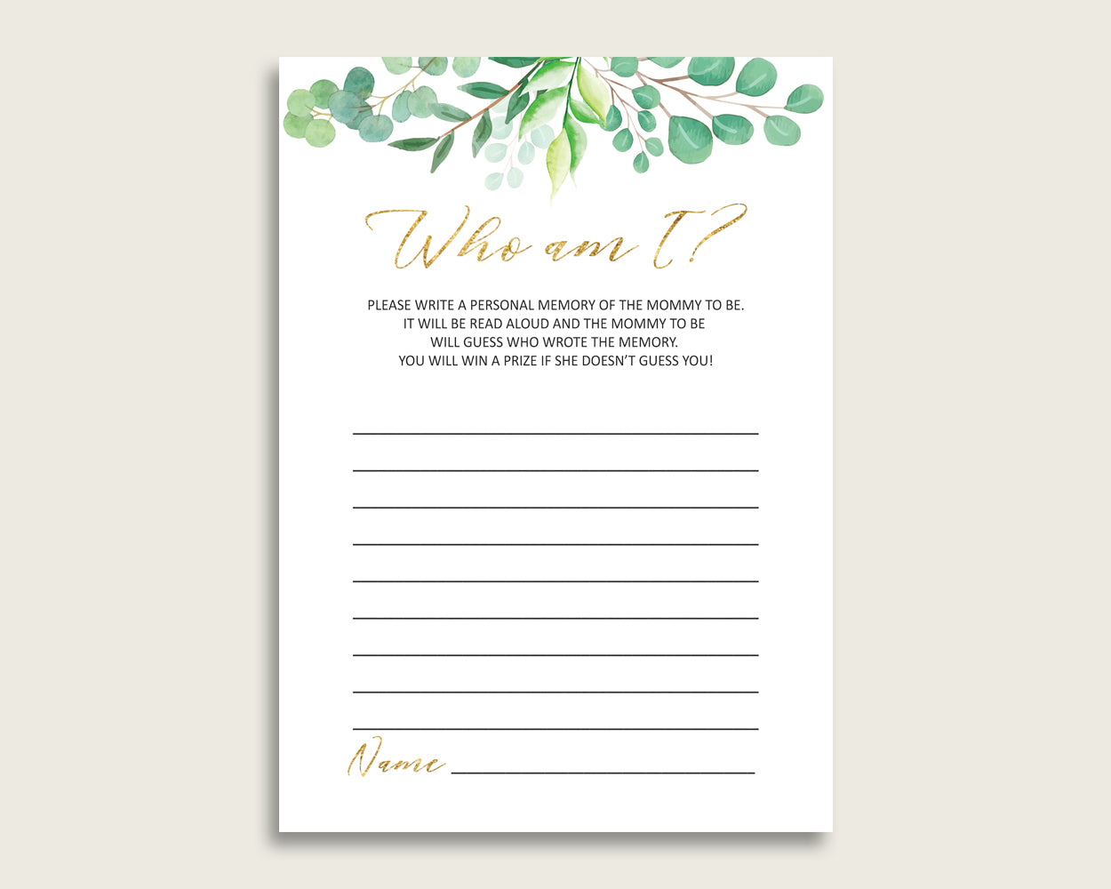 Greenery Who Am I Game Printable, Gender Neutral Baby Shower Memory With Mommy, Green Gold Baby Shower Activity, Instant Download, Y8X33