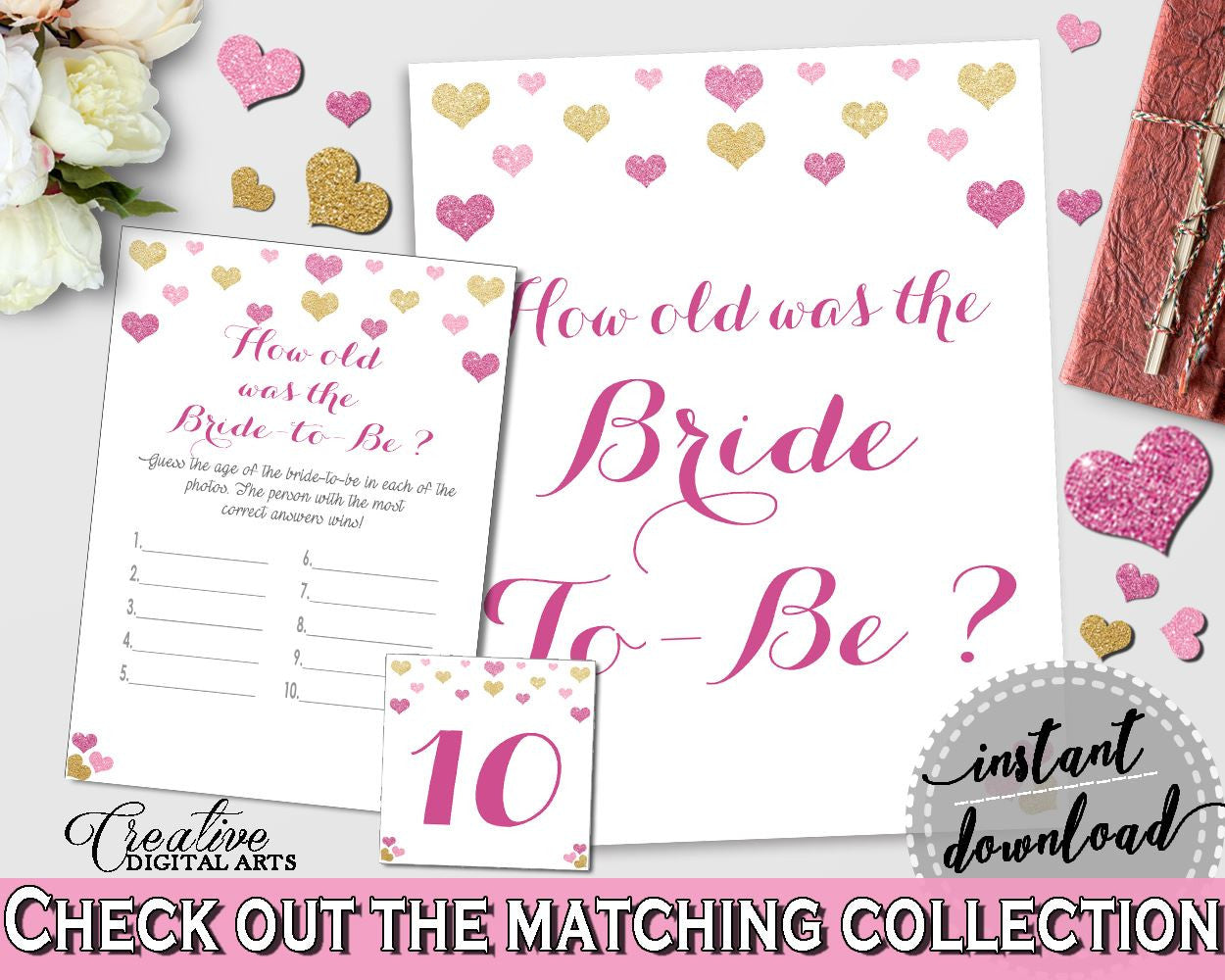 How Old Was The Bride To Be in Glitter Hearts Bridal Shower Gold And Pink Theme, guess the age,  pink and purple, printables, prints - WEE0X - Digital Product