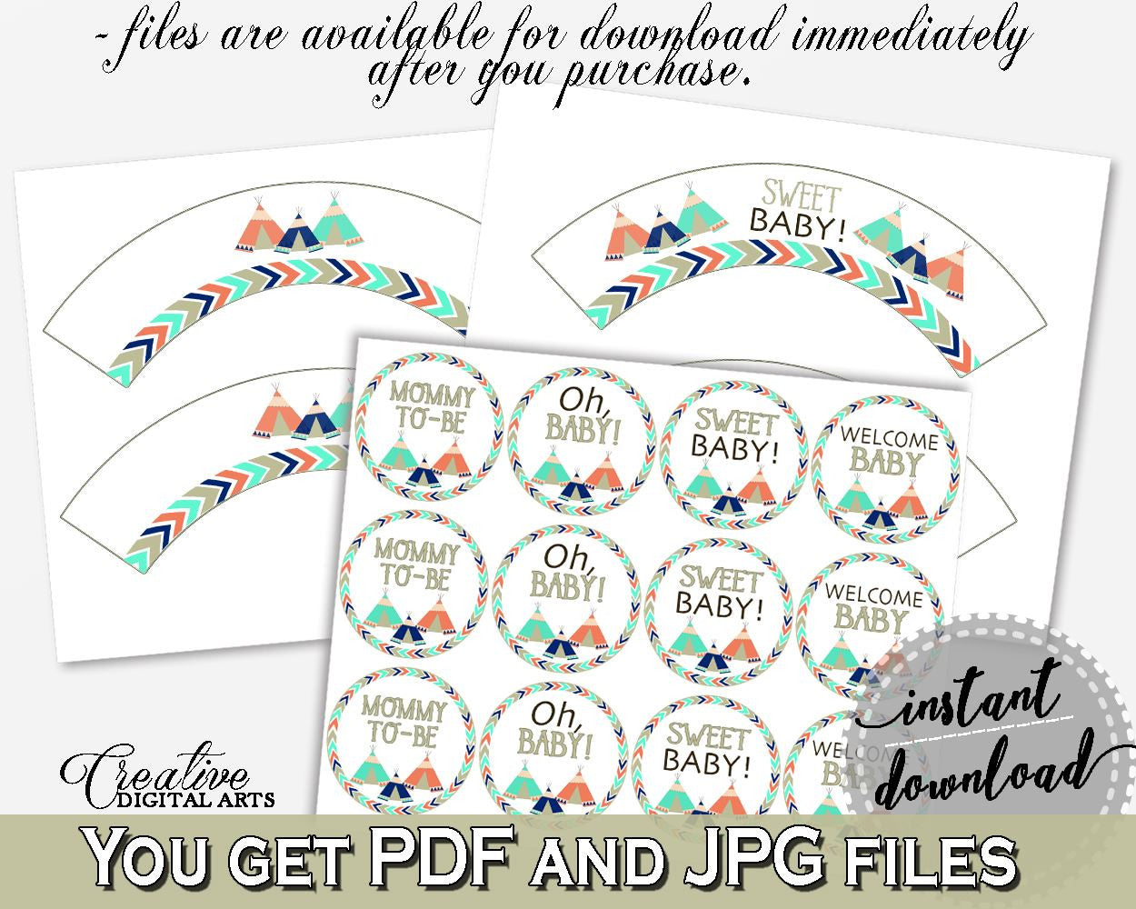 Cupcake Toppers And Wrappers Baby Shower Cupcake Toppers And Wrappers Tribal Teepee Baby Shower Cupcake Toppers And Wrappers Baby KS6AW - Digital Product