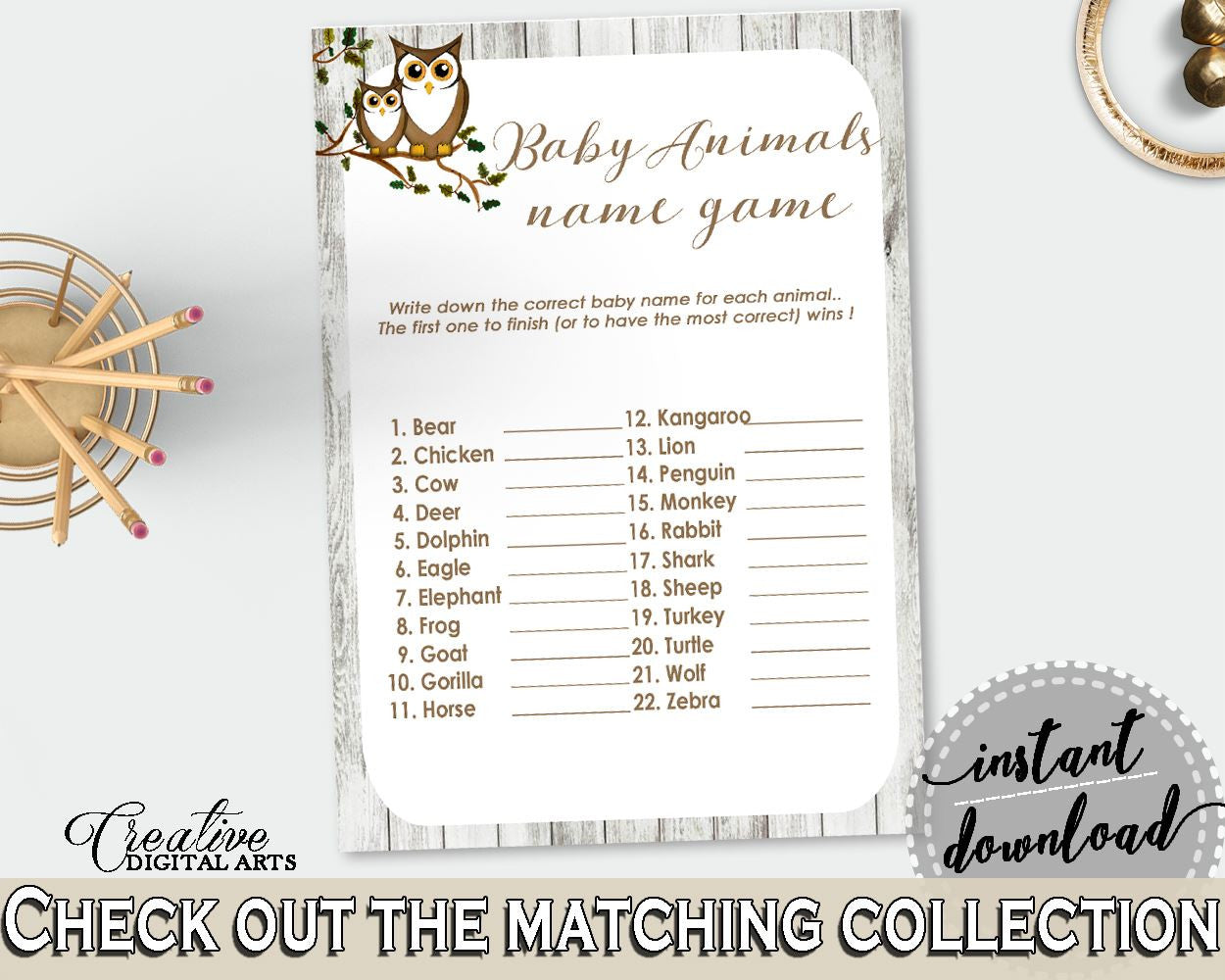 Baby Animal Names Baby Shower Baby Animal Names Owl Baby Shower Baby Animal Names Baby Shower Owl Baby Animal Names Gray Brown party 9PUAC - Digital Product