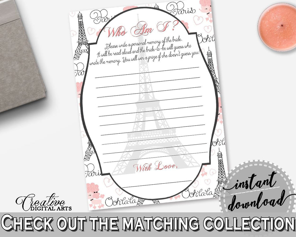 Who Am I Game in Paris Bridal Shower Pink And Gray Theme, memory game, eiffel tower, party ideas, bridal shower idea, party décor - NJAL9 - Digital Product