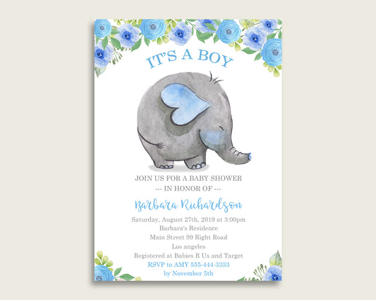 Elephant Blue Baby Shower Invitations Printable, Digital Or Printed Invitation Baby Shower Boy, Editable Invitation Blue Gray Mammoth ebl01