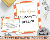 How Big Is MOMMY'S BELLY baby shower game with orange stripes theme printable, glitter gold, Jpg Pdf, instant download - bs003