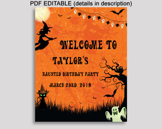 Halloween Birthday Welcome Sign Printable, Orange Black Birthday Party Large Sign, Editable Welcome Sign Boy Girl, GPF0F