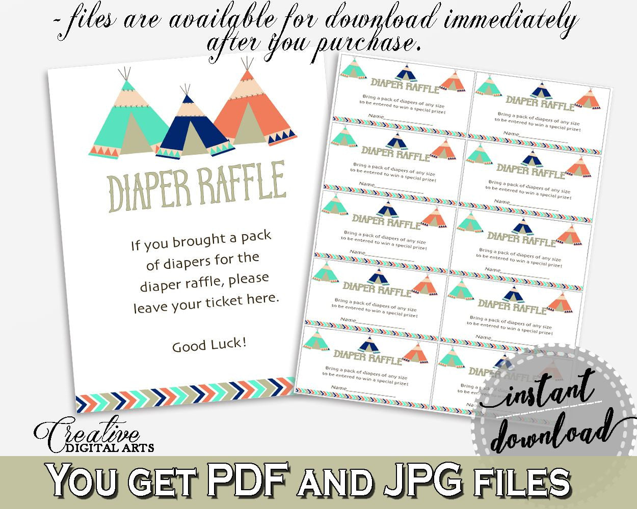 Diaper Raffle Baby Shower Diaper Raffle Tribal Teepee Baby Shower Diaper Raffle Baby Shower Tribal Teepee Diaper Raffle Green Navy - KS6AW - Digital Product