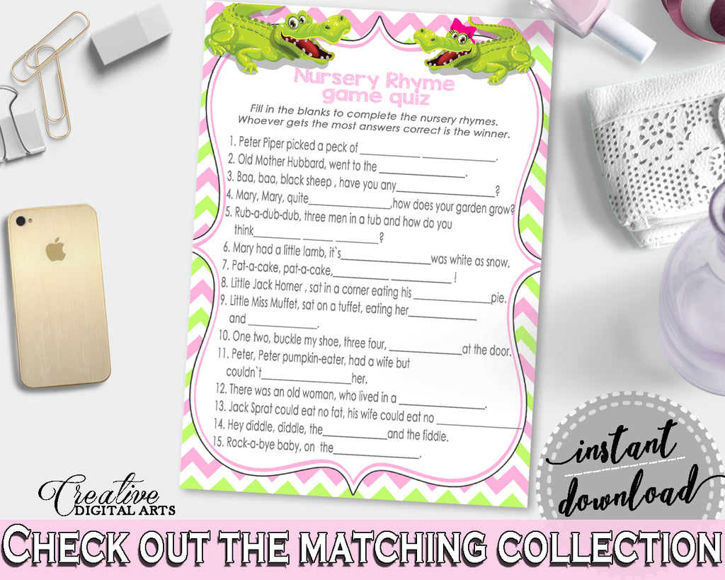 Baby Shower NURSERY RHYME QUIZ game with green alligator and pink color theme, instant download - ap001