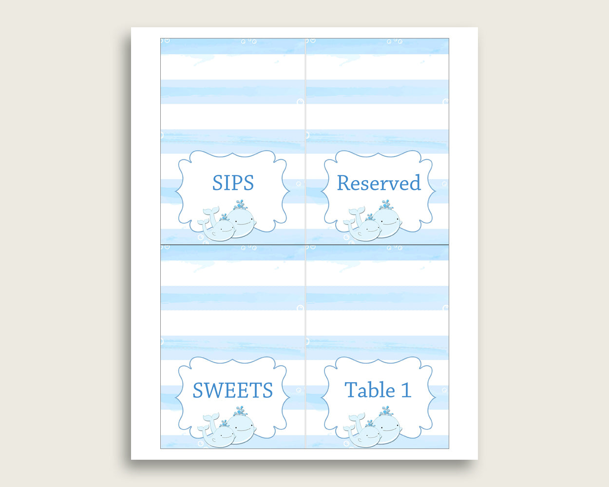 Whale Folded Food Tent Cards Printable, Blue White Editable Pdf Buffet Labels, Boy Baby Shower Food Place Cards, Instant Download, wbl01