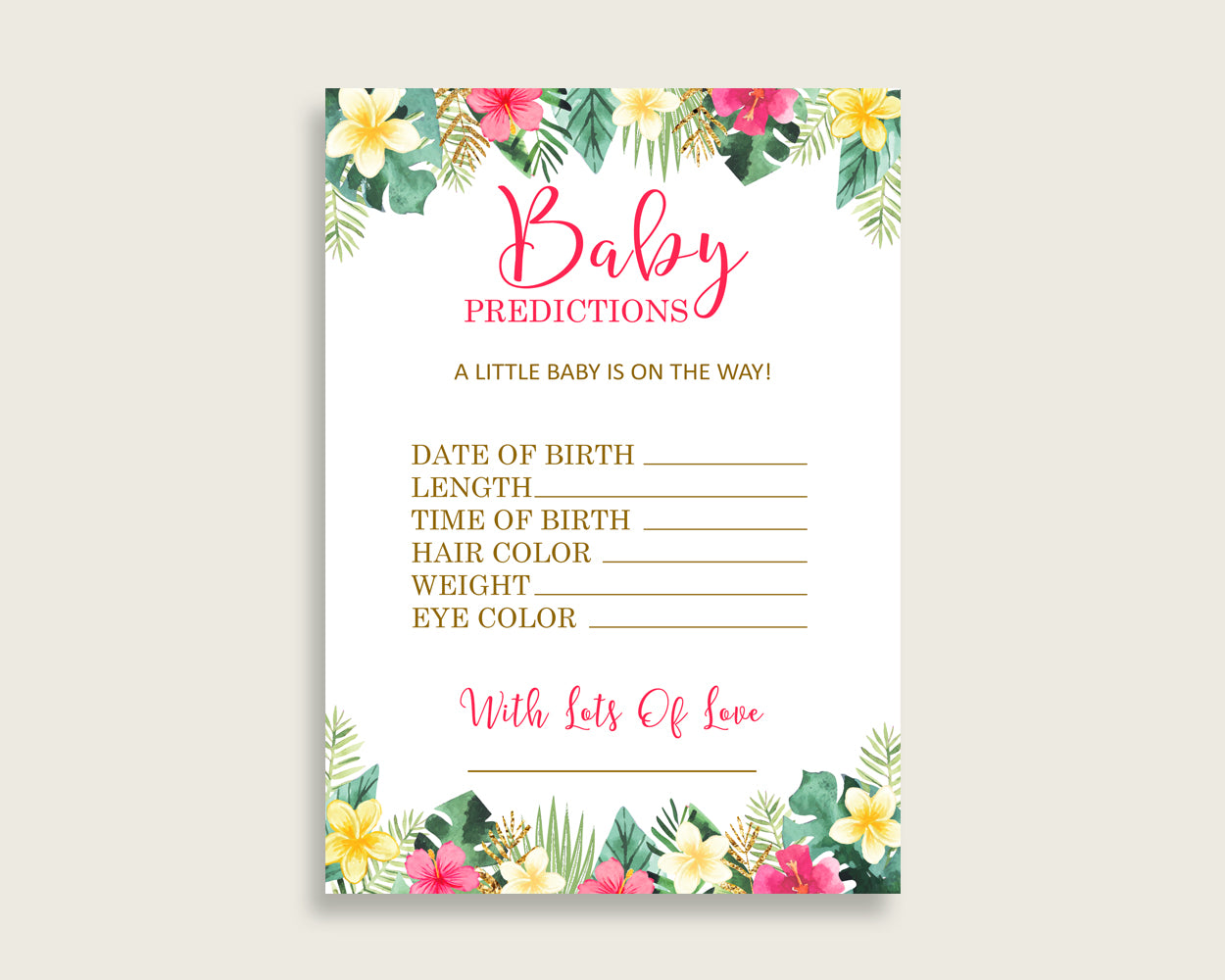 Hawaiian Baby Shower Prediction Cards & Sign Printable, Pink Green Baby Prediction Game Girl, Instant Download, Summer Theme Luau 955MG