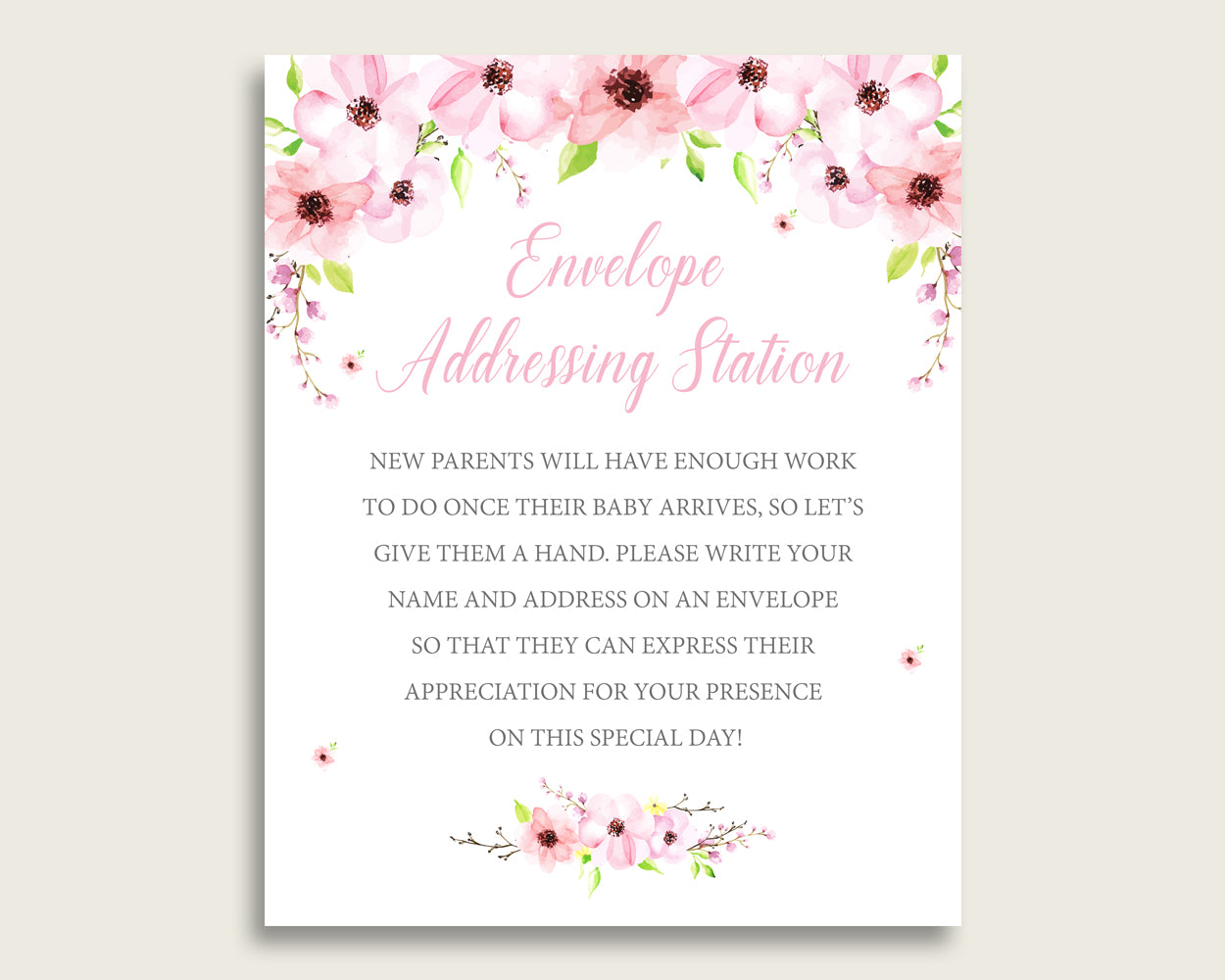 Pink Green Baby Shower Address Sign Printable, Flower Blush Envelope Station Sign, Envelope Addressing Baby Shower Girl, Watercolor VH1KL