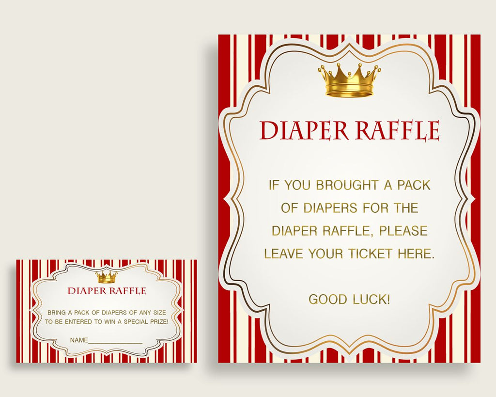 Prince Baby Shower Diaper Raffle Tickets Game, Boy Red Gold Diaper Raffle Card Insert and Sign Printable, Instant Download, 3.5x2", 92EDX
