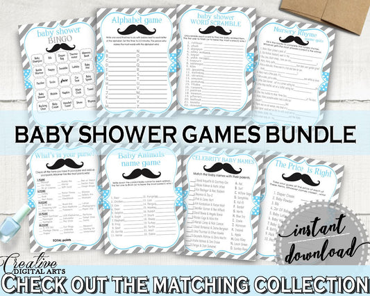 Games Package, Baby Shower Games Package, Mustache Baby Shower Games Package, Baby Shower Mustache Games Package Blue Gray prints 9P2QW - Digital Product