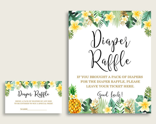 Tropical Baby Shower Diaper Raffle Tickets Game, Gender Neutral Green Yellow Diaper Raffle Card Insert and Sign Printable, Instant 4N0VK