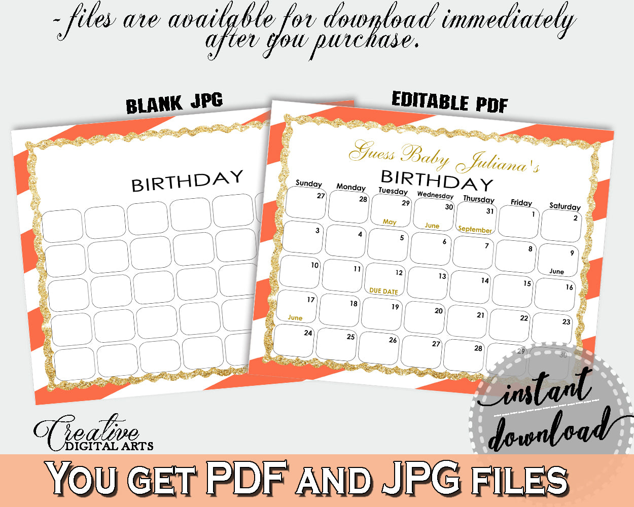 Baby Shower Calendar, Baby Shower Stripes Orange, Due date calendar, birthday prediction, guess the due date, instant download - bs003