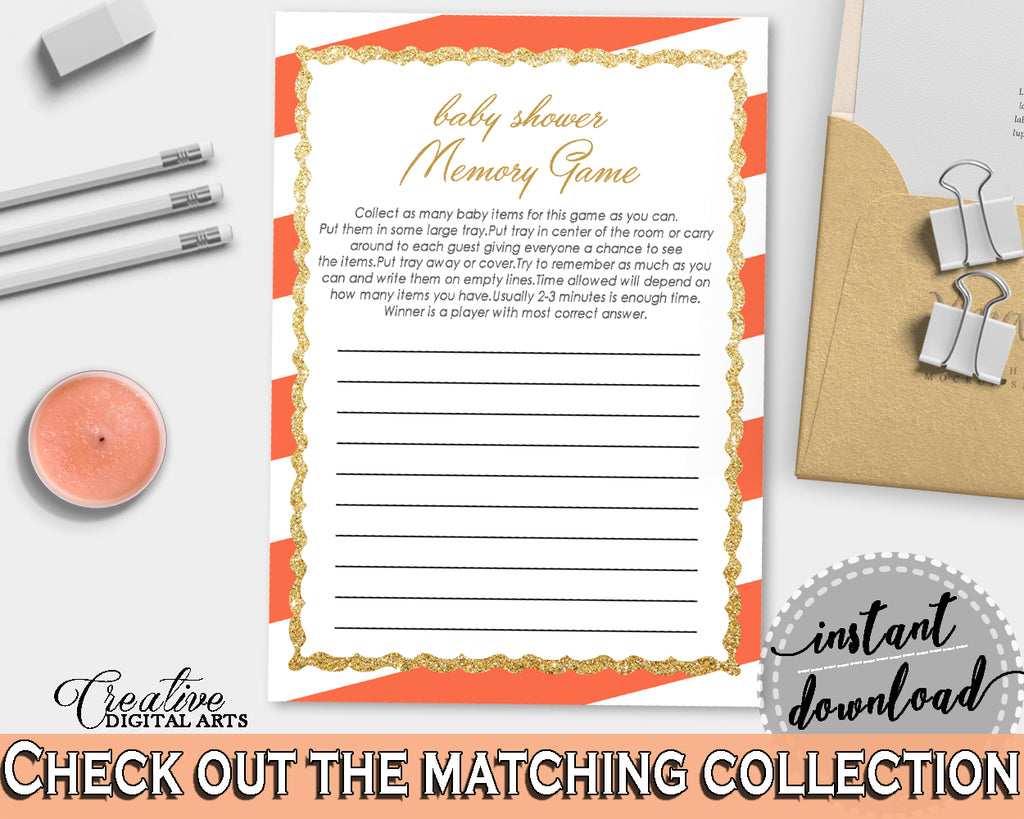 Baby Shower MEMORY game with orange stripes theme printable, baby shower glitter gold, digital file jpg pdf, instant download - bs003