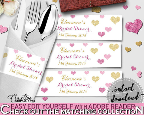 Glitter Hearts Bridal Shower Napkin Ring Editable in Gold And Pink, tableware,  bridal shower hearts, shower celebration, prints - WEE0X - Digital Product