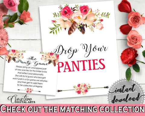 Bohemian Flowers Bridal Shower Drop Your Panties in Pink And Red, underwear  game, feathers theme, party organizing, party plan - 06D7T - Digital