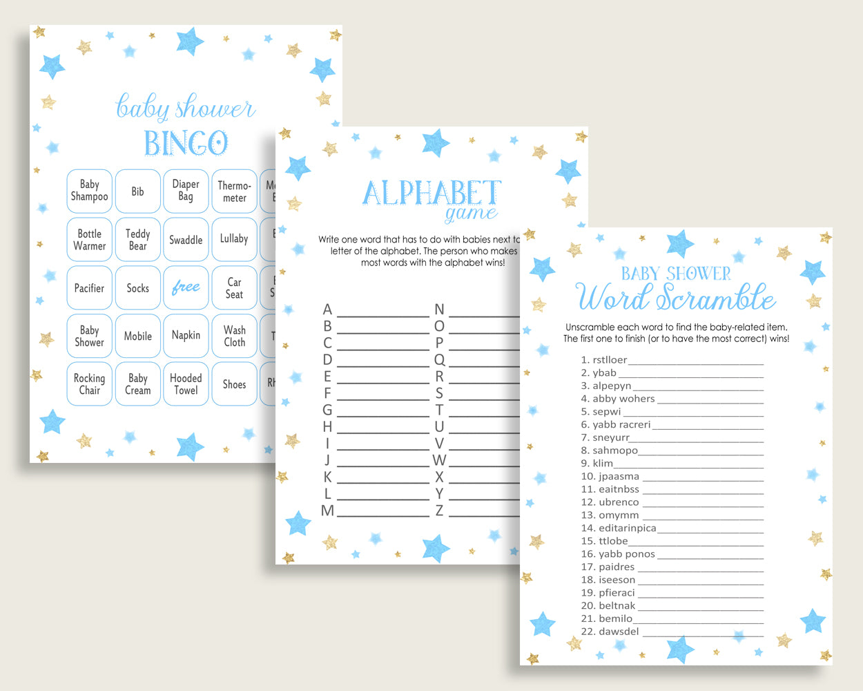 Stars Baby Shower Games Printable Pack, Blue Gold Baby Shower Games Package Boy, Stars Games Bundle Set, Instant Download, Little Star bsr01