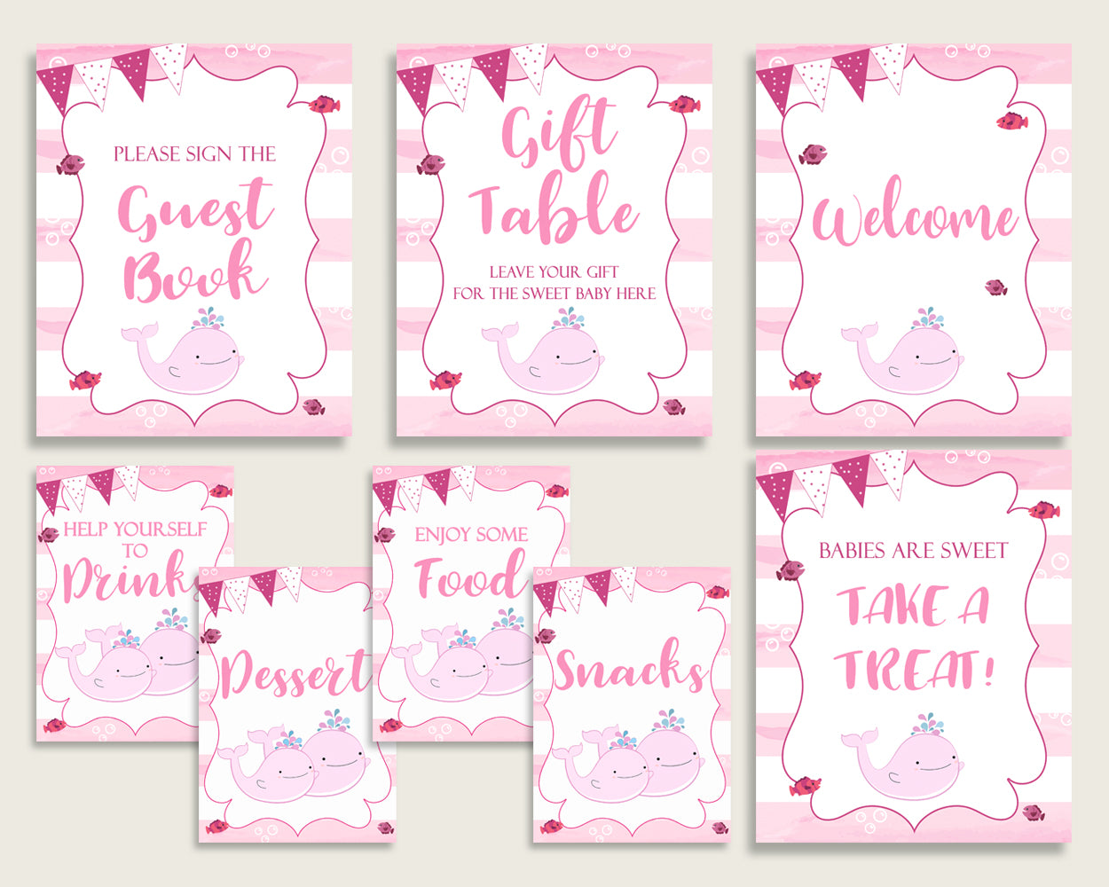 Pink Whale Baby Shower Girl Table Signs Printable, Pink White Party Table Decor, Favors, Food, Drink, Treat, Guest Book, Instant wbl02