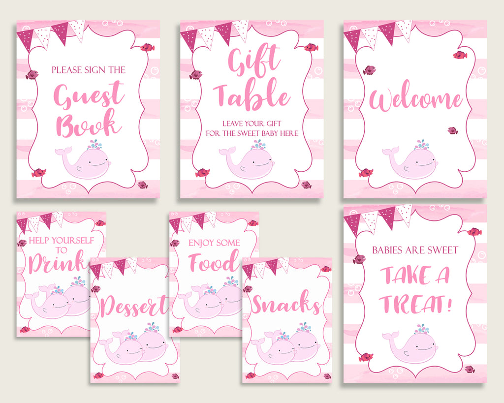Pink Whale Baby Shower Girl Table Signs Printable, Pink White Party Table Decor, Favors, Food, Drink, Treat, Guest Book, Instant wbl02
