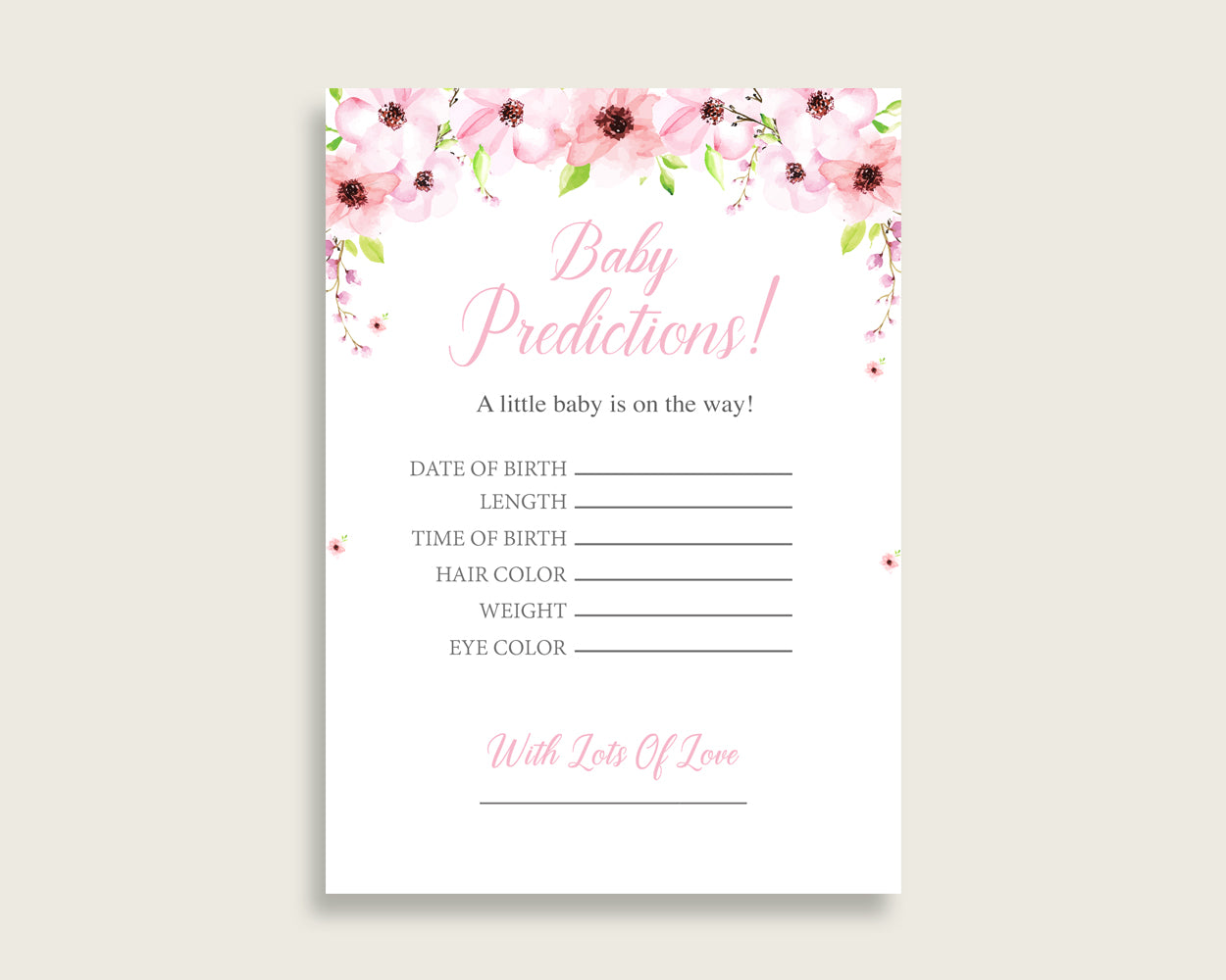 Flower Blush Baby Shower Prediction Cards & Sign Printable, Pink Green Baby Prediction Game Girl, Instant Download, Most Popular VH1KL