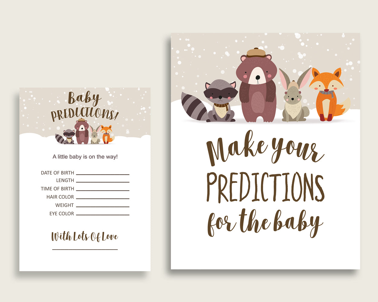 Winter Woodland Baby Shower Prediction Cards & Sign Printable, Beige Brown Baby Prediction Game Gender Neutral, Instant Download RM4SN