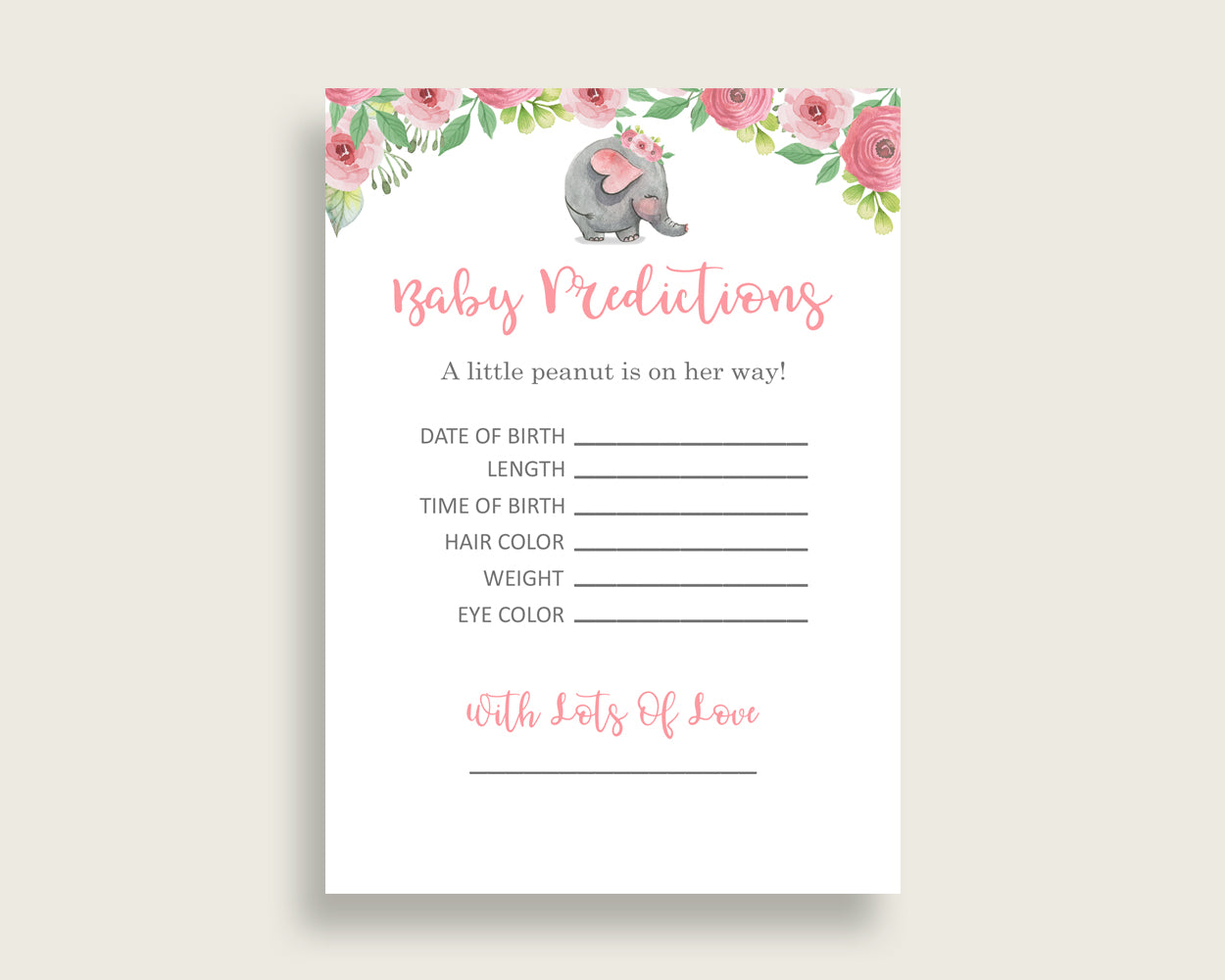 Pink Elephant Baby Shower Prediction Cards & Sign Printable, Pink Grey Baby Prediction Game Girl, Instant Download, Trunk Tusks Snorky ep001