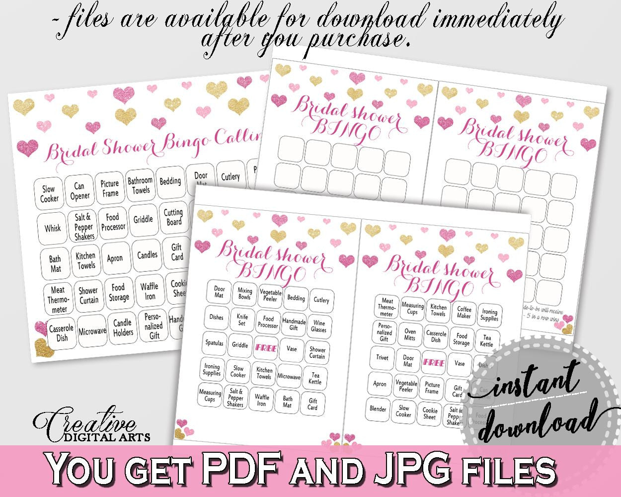 Gold And Pink Glitter Hearts Bridal Shower Theme: Bingo 60 Cards - pre-filled cards,  sweethearts, party supplies, party décor - WEE0X - Digital Product